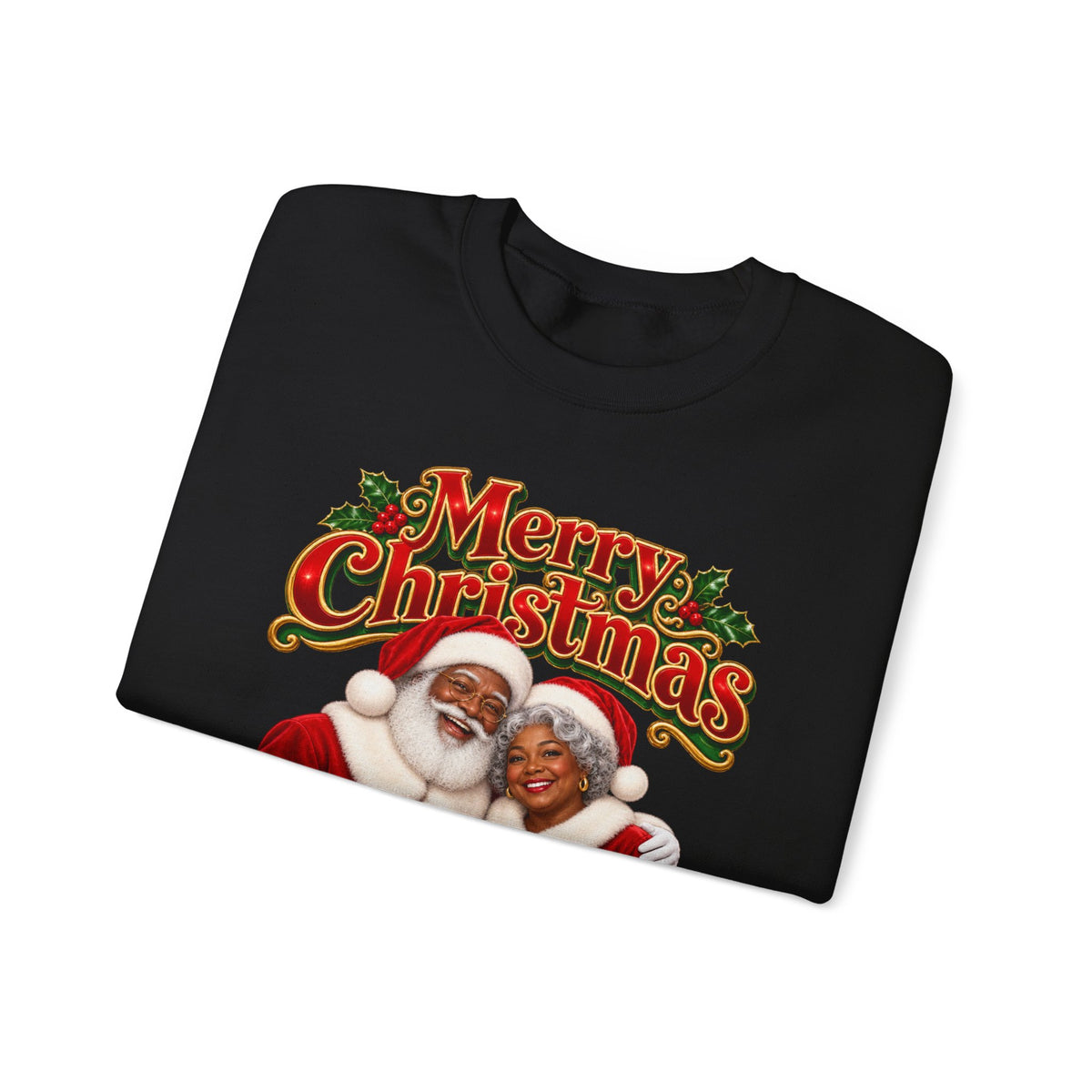 Christmas Sweatshirt - Merry Christmas Black Santa & Mrs. Claus Holiday Crewneck