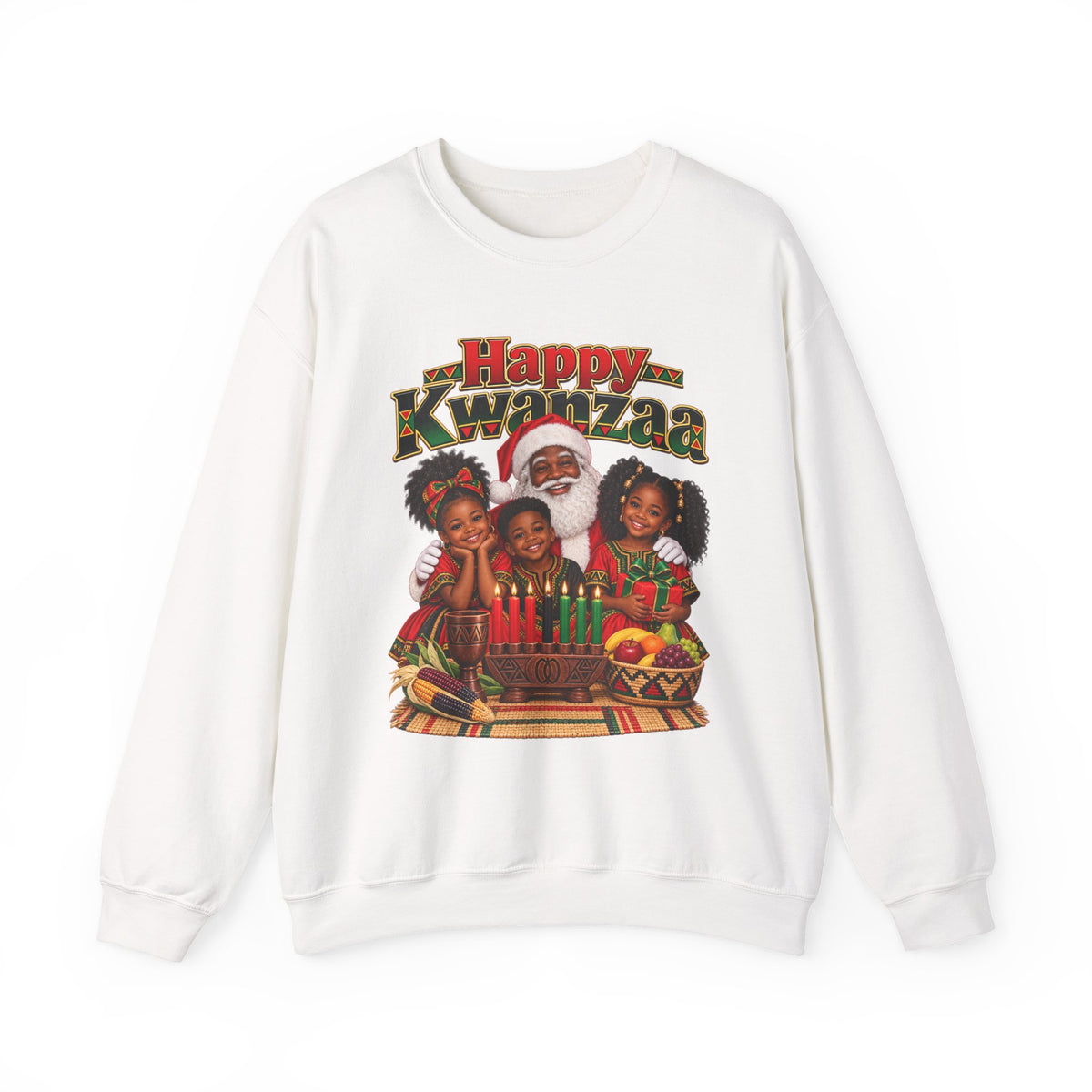 Kwanzaa Crewneck Sweatshirt — 'Happy Kwanzaa' Family Candle Celebration