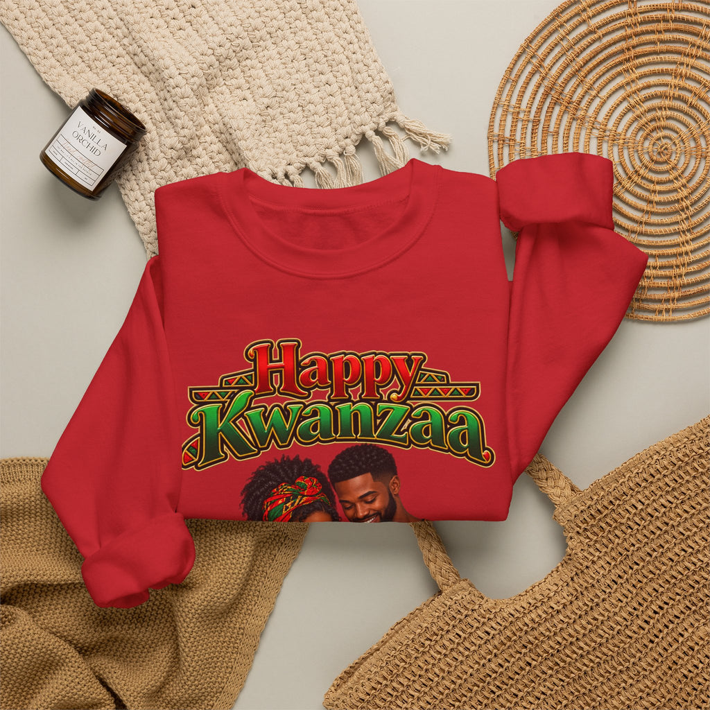 Kwanzaa Crewneck Sweatshirt — "Happy Kwanzaa" African Couple Celebration Design
