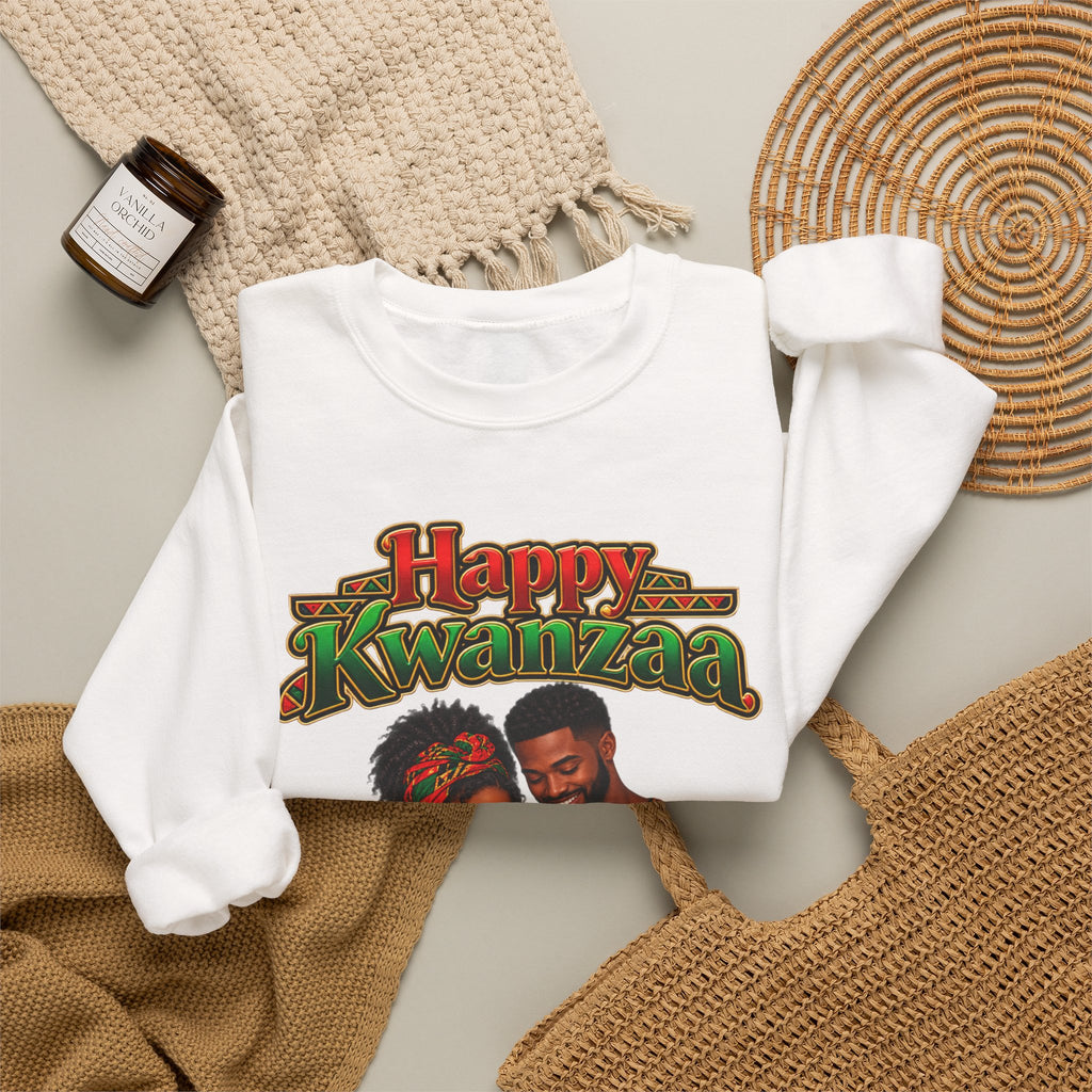 Kwanzaa Crewneck Sweatshirt — "Happy Kwanzaa" African Couple Celebration Design