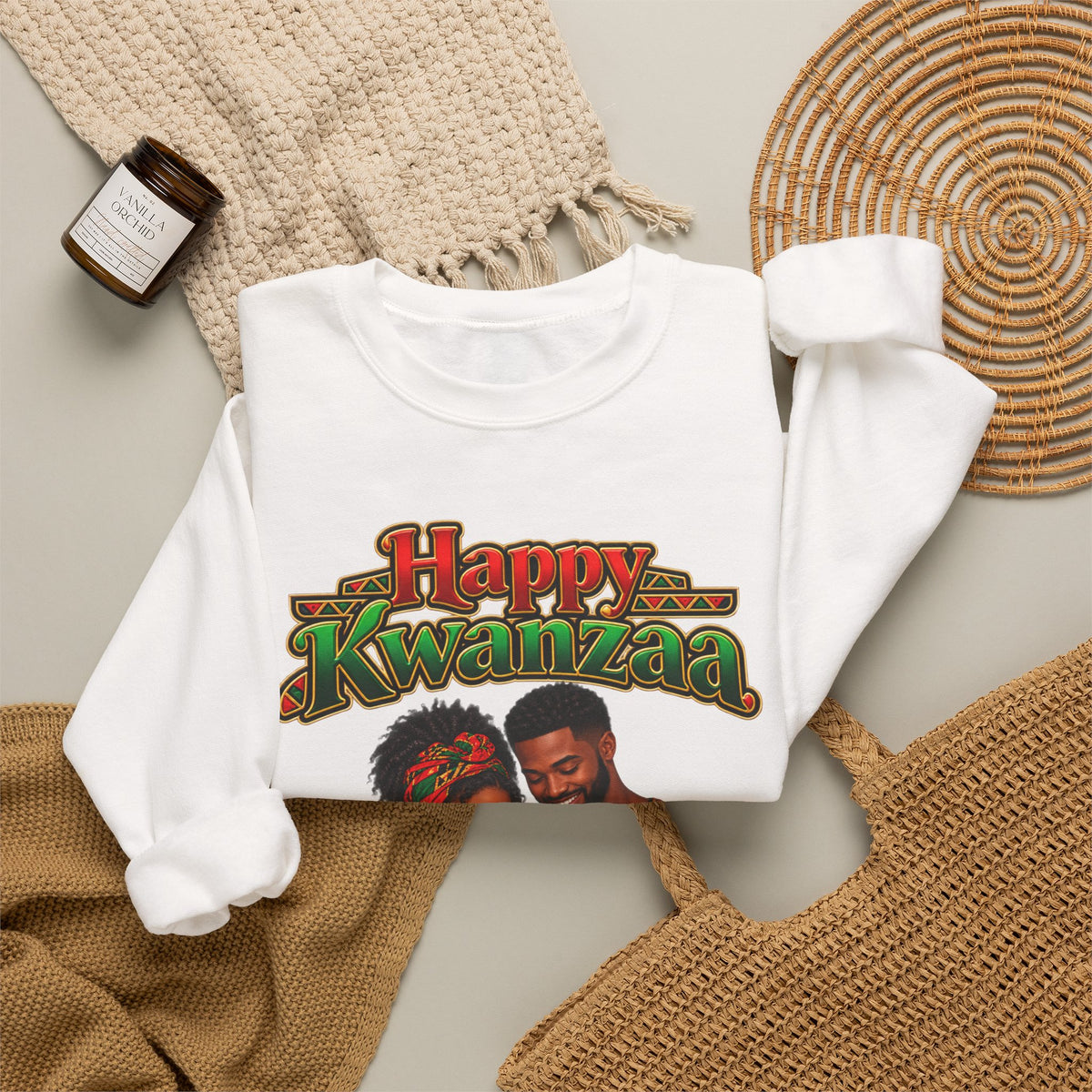 Kwanzaa Crewneck Sweatshirt — "Happy Kwanzaa" African Couple Celebration Design