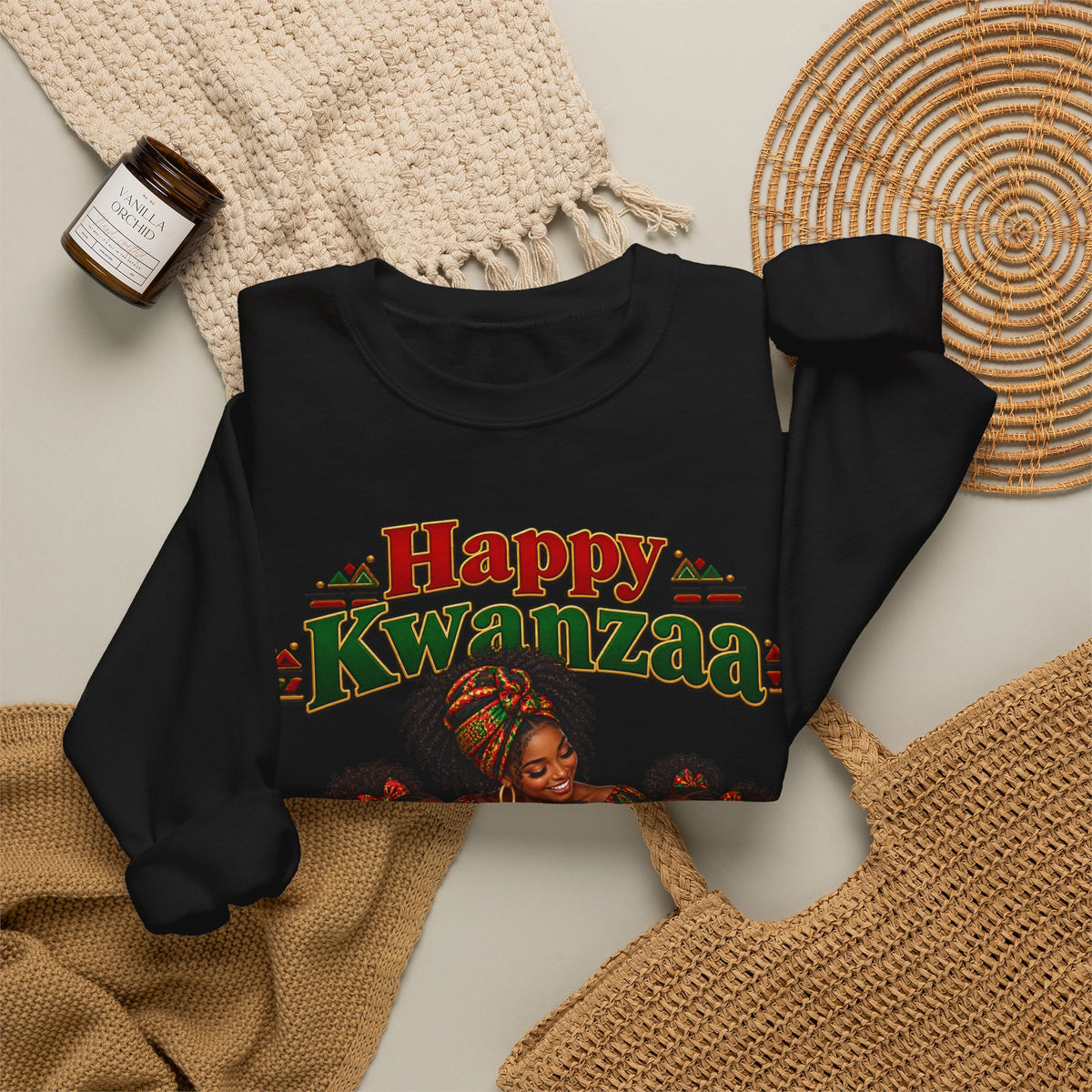Kwanzaa Family Crewneck Sweatshirt — "Happy Kwanzaa" Celebration Design