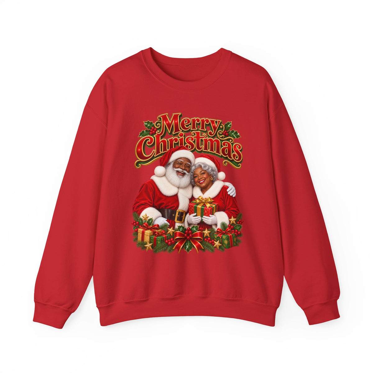 Christmas Sweatshirt - Merry Christmas Black Santa & Mrs. Claus Holiday Crewneck