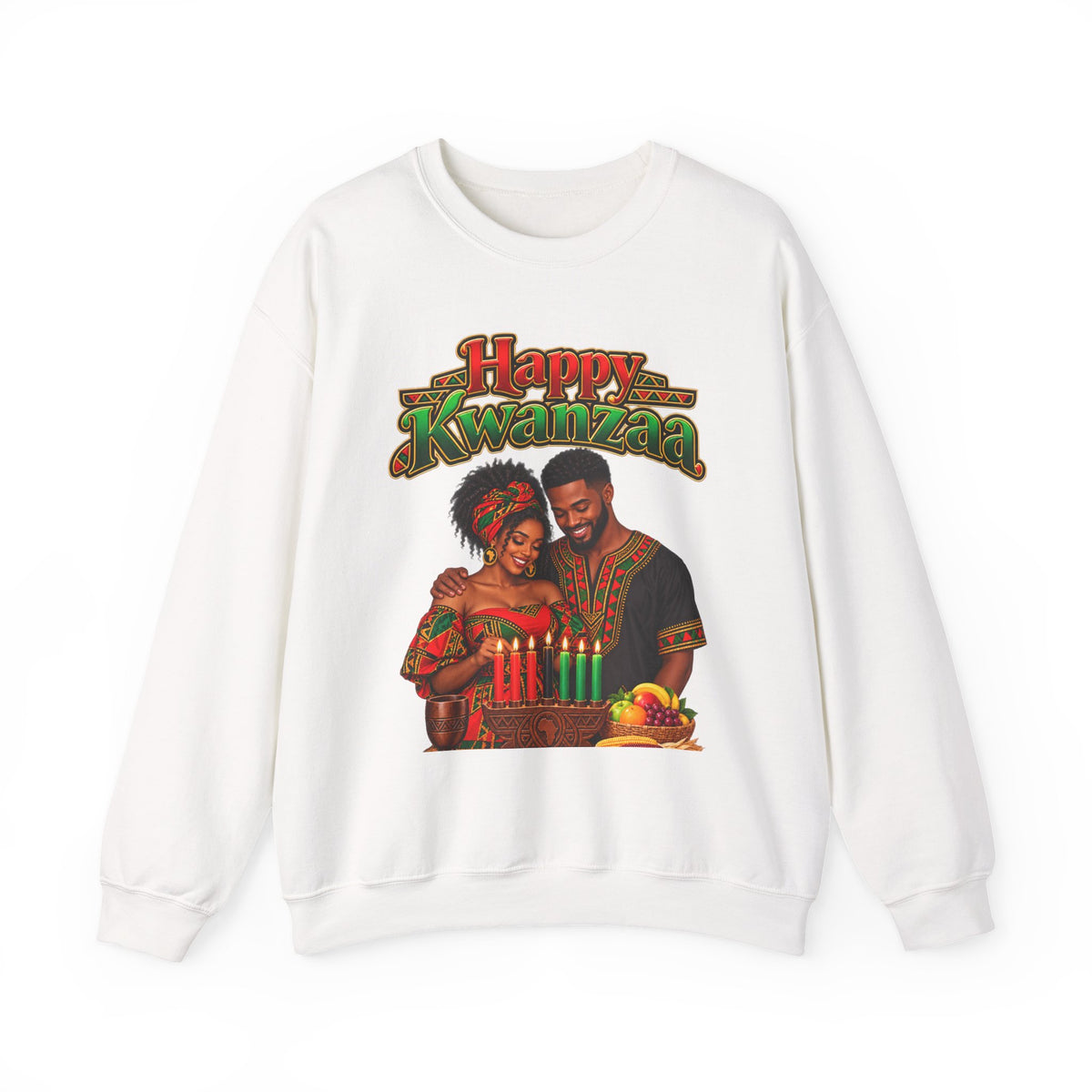 Kwanzaa Crewneck Sweatshirt — "Happy Kwanzaa" African Couple Celebration Design