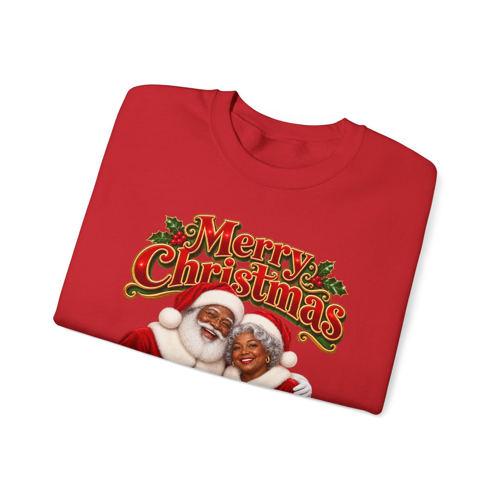 Christmas Sweatshirt - Merry Christmas Black Santa & Mrs. Claus Holiday Crewneck