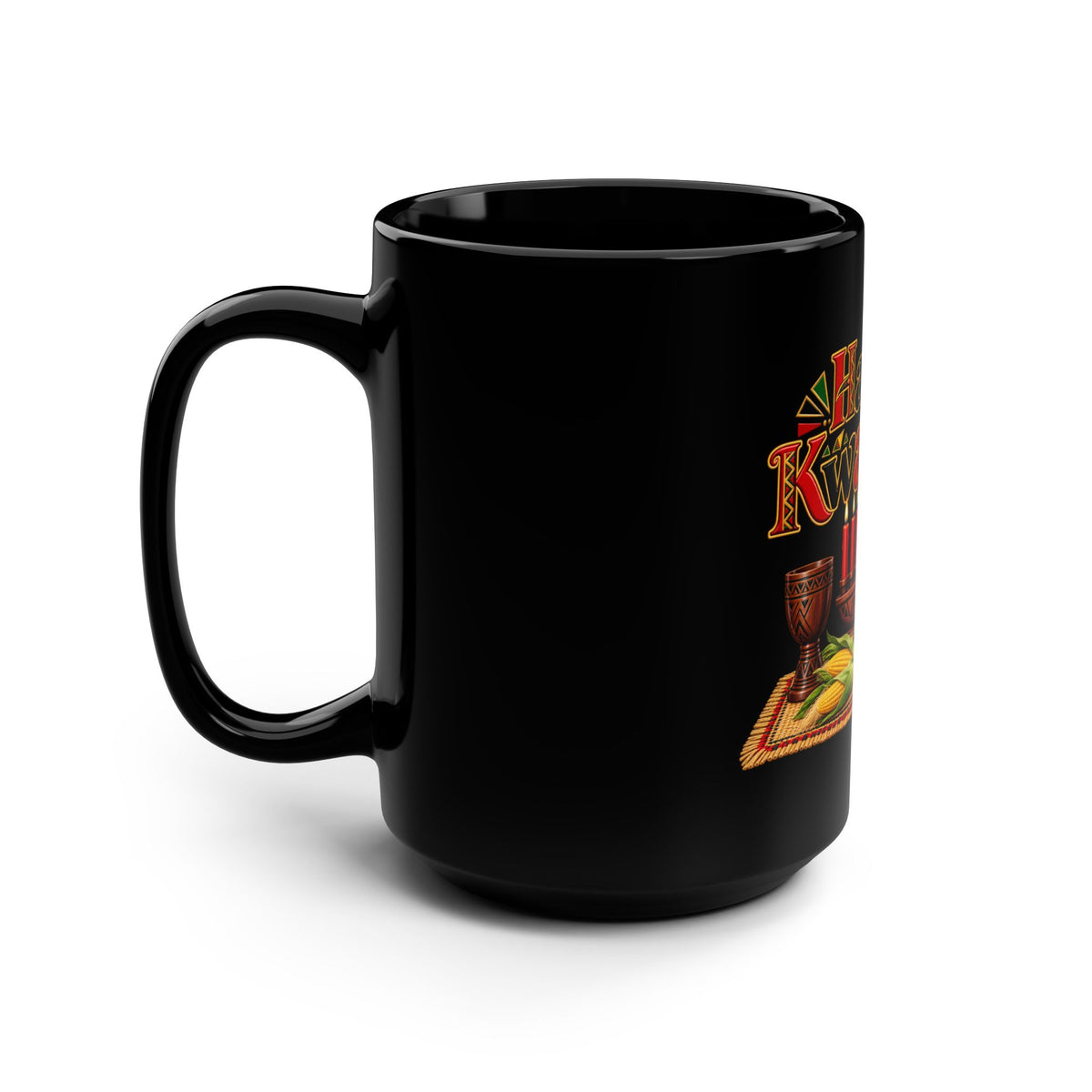 Kwanzaa Celebration Mug — 15oz Black Ceramic "Happy Kwanzaa" Design