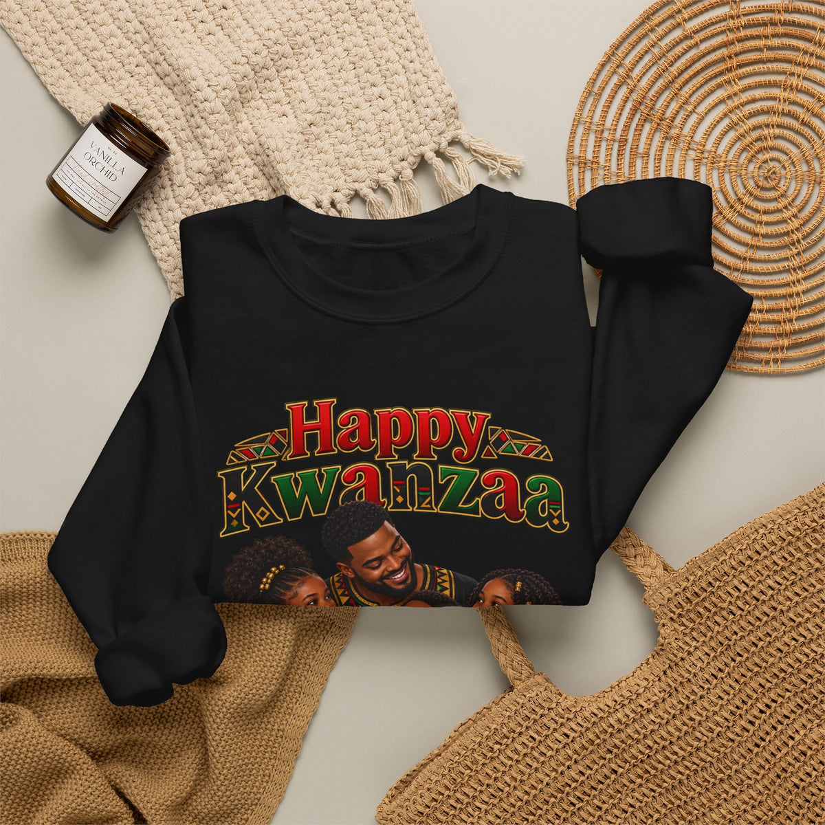 Kwanzaa Sweatshirt — "Happy Kwanzaa" Family Celebration Crewneck