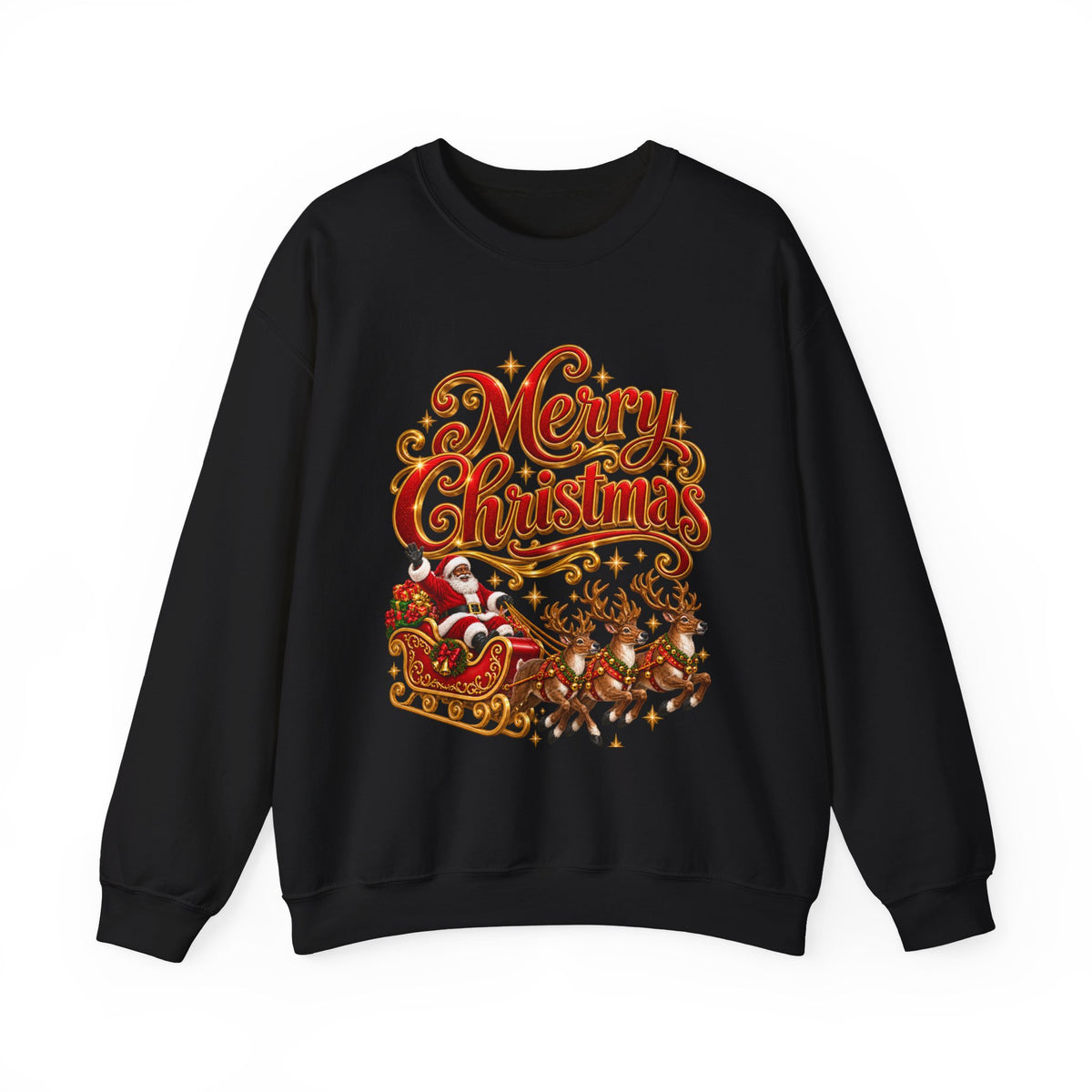 Christmas Sweatshirt — 'Merry Christmas' Santa Sleigh & Reindeer Holiday Crewneck