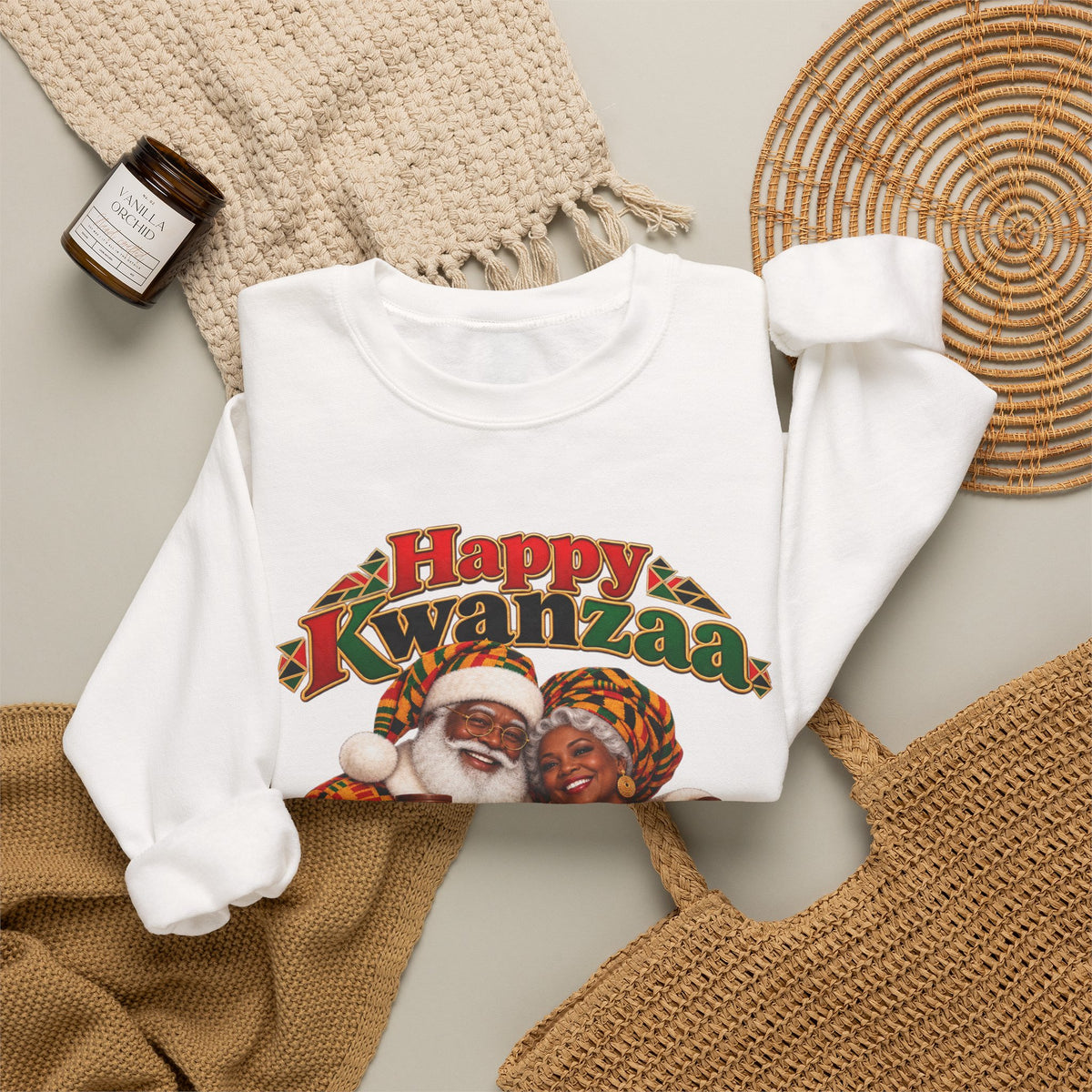 Kwanzaa Crewneck Sweatshirt — "Happy Kwanzaa" Celebration Sweater