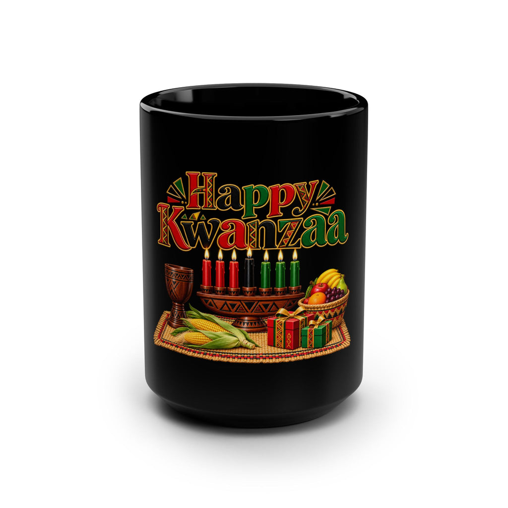 Kwanzaa Celebration Mug — 15oz Black Ceramic "Happy Kwanzaa" Design