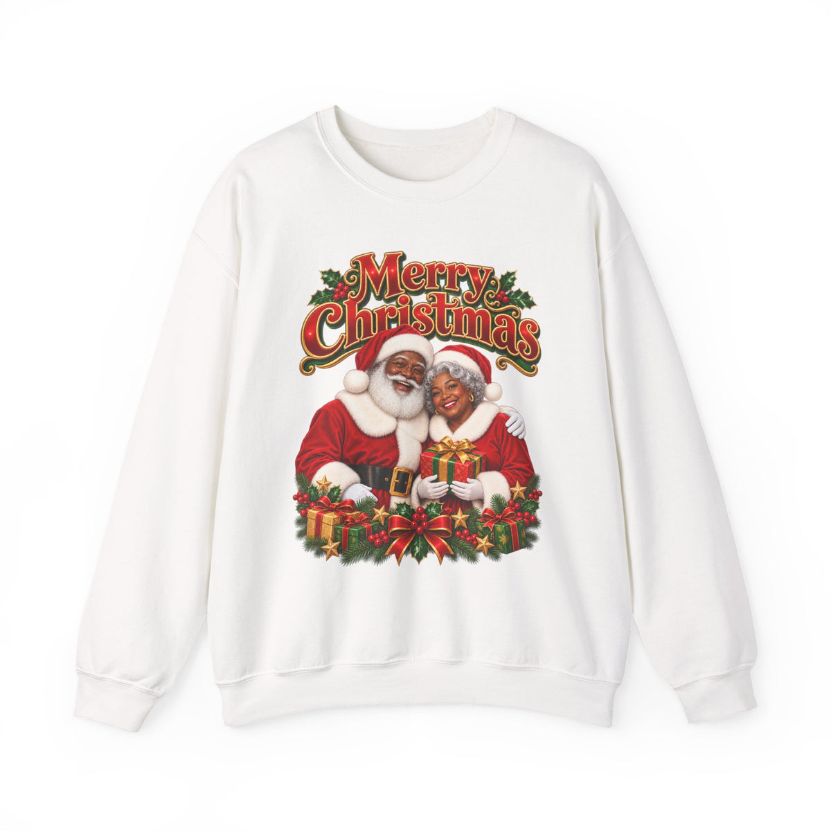 Christmas Sweatshirt - Merry Christmas Black Santa & Mrs. Claus Holiday Crewneck