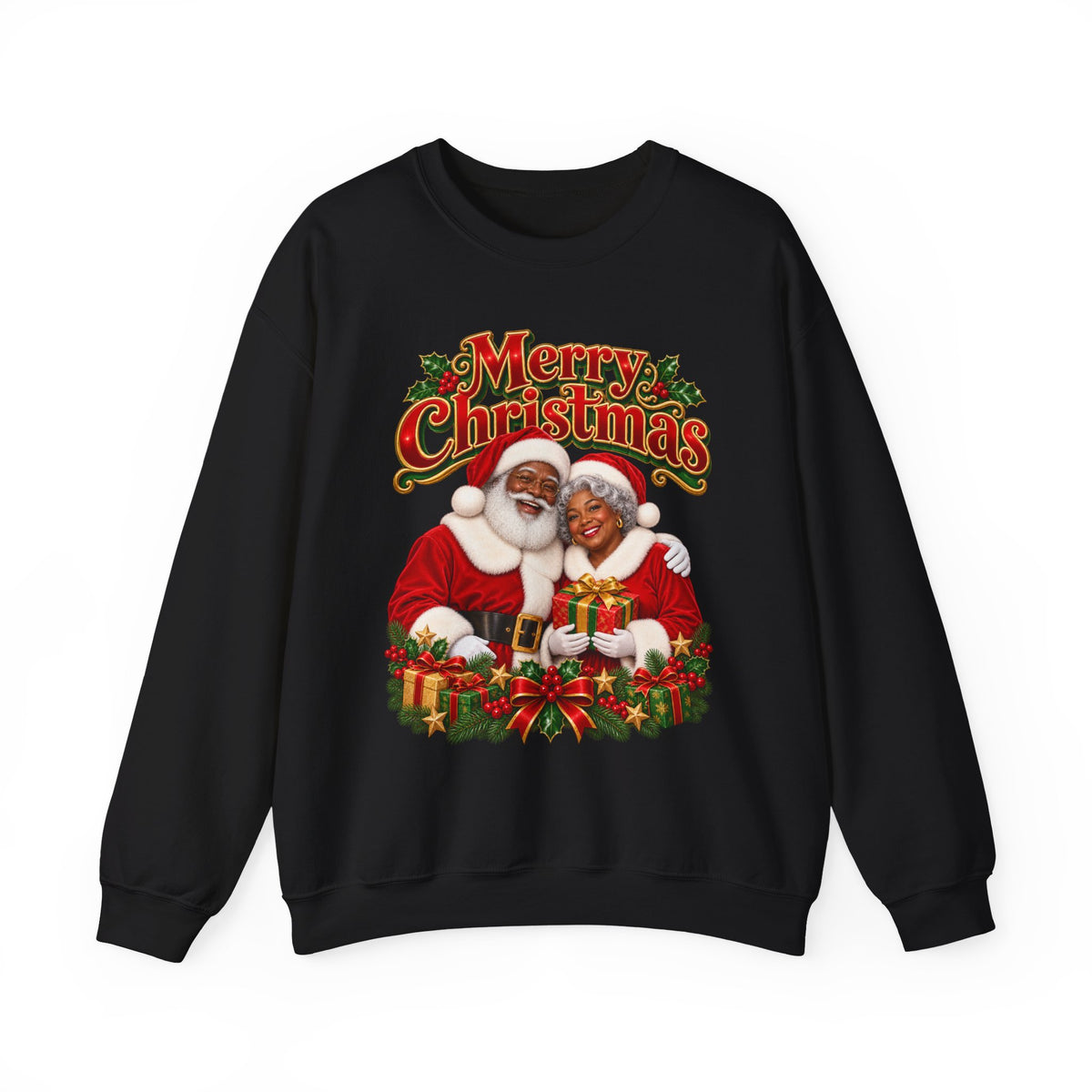 Christmas Sweatshirt - Merry Christmas Black Santa & Mrs. Claus Holiday Crewneck