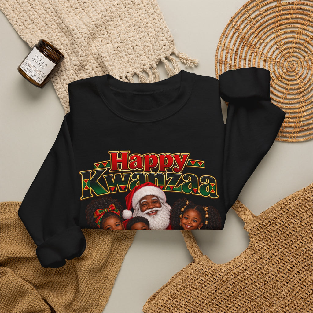 Kwanzaa Crewneck Sweatshirt — 'Happy Kwanzaa' Family Candle Celebration