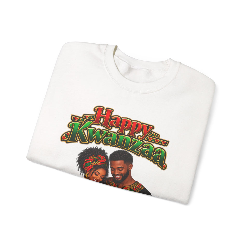 Kwanzaa Crewneck Sweatshirt — "Happy Kwanzaa" African Couple Celebration Design