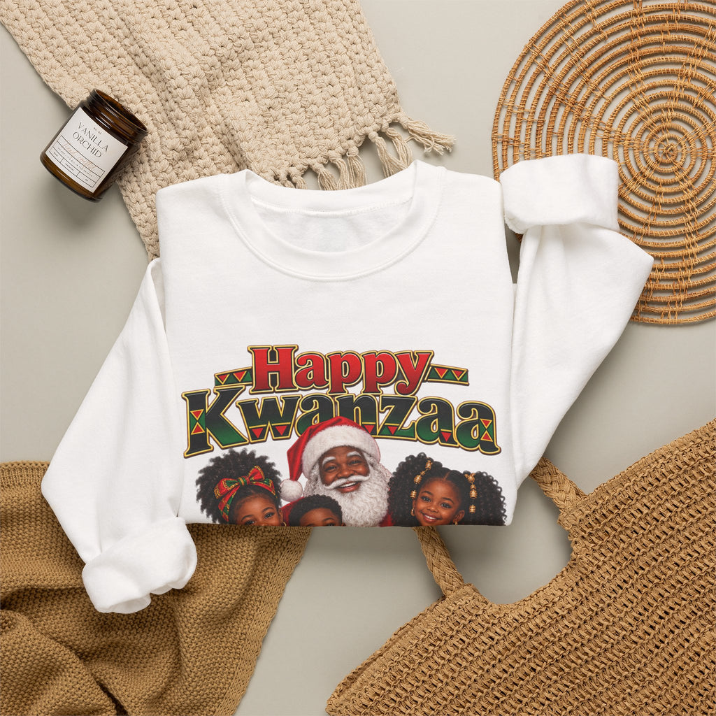 Kwanzaa Crewneck Sweatshirt — 'Happy Kwanzaa' Family Candle Celebration