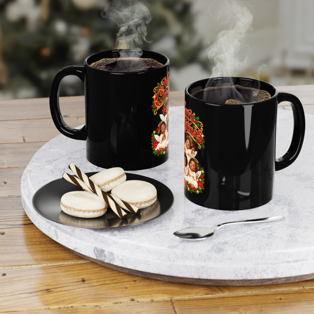 Merry Christmas Black Coffee Mug – Vintage Angel Choir Holiday Mug, 11oz