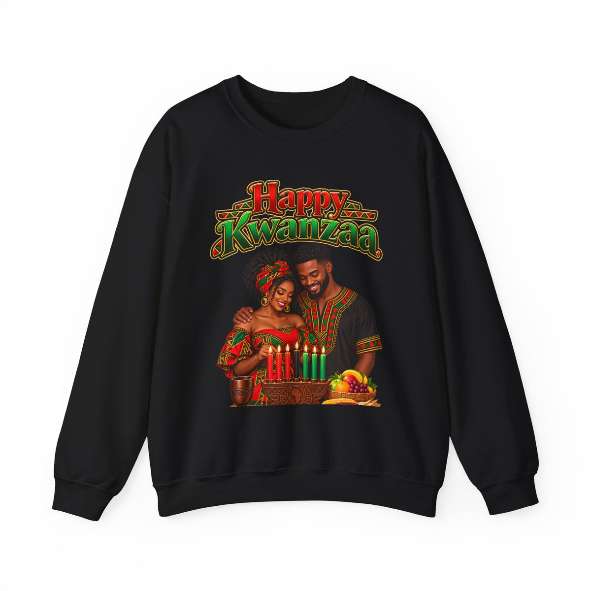 Kwanzaa Crewneck Sweatshirt — "Happy Kwanzaa" African Couple Celebration Design