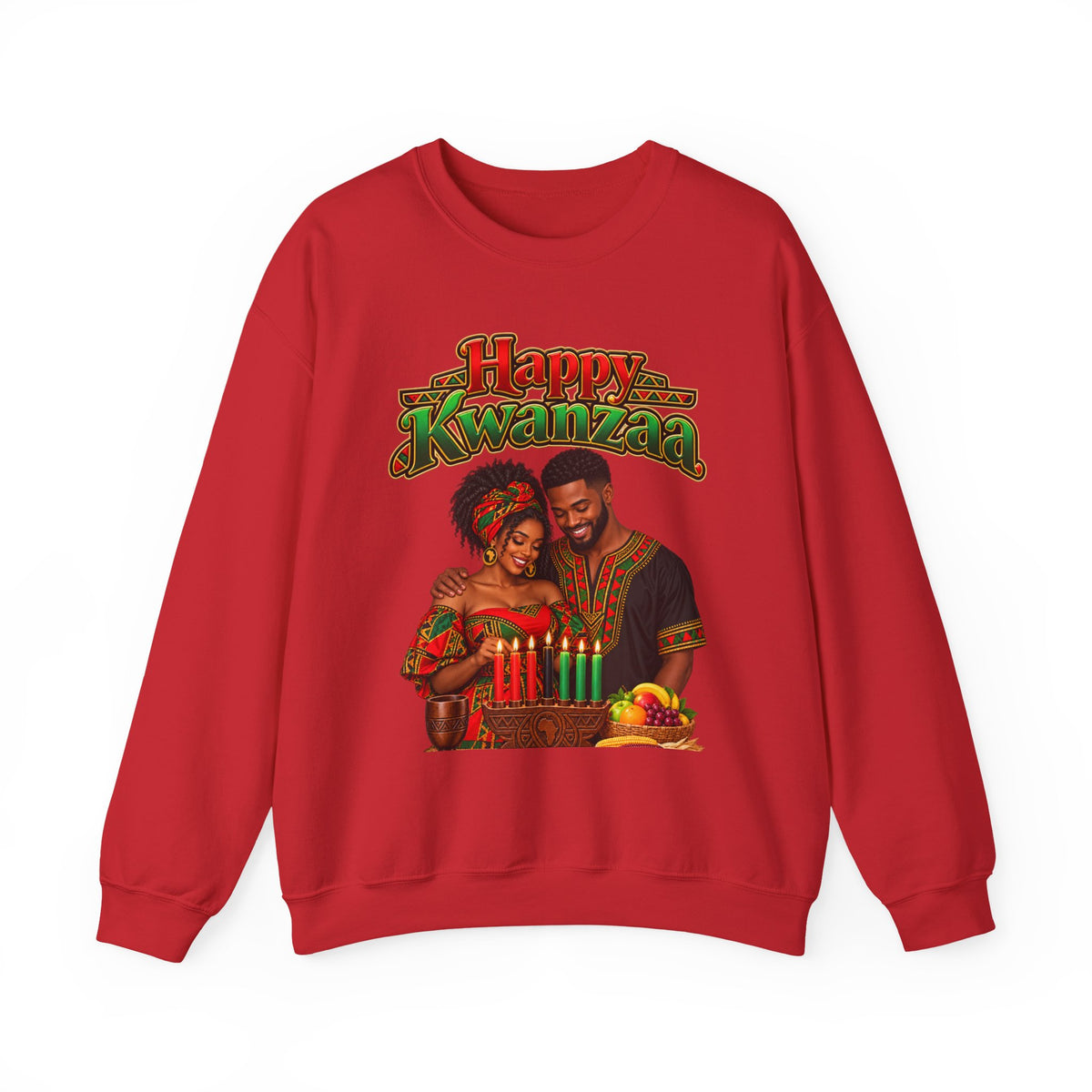 Kwanzaa Crewneck Sweatshirt — "Happy Kwanzaa" African Couple Celebration Design