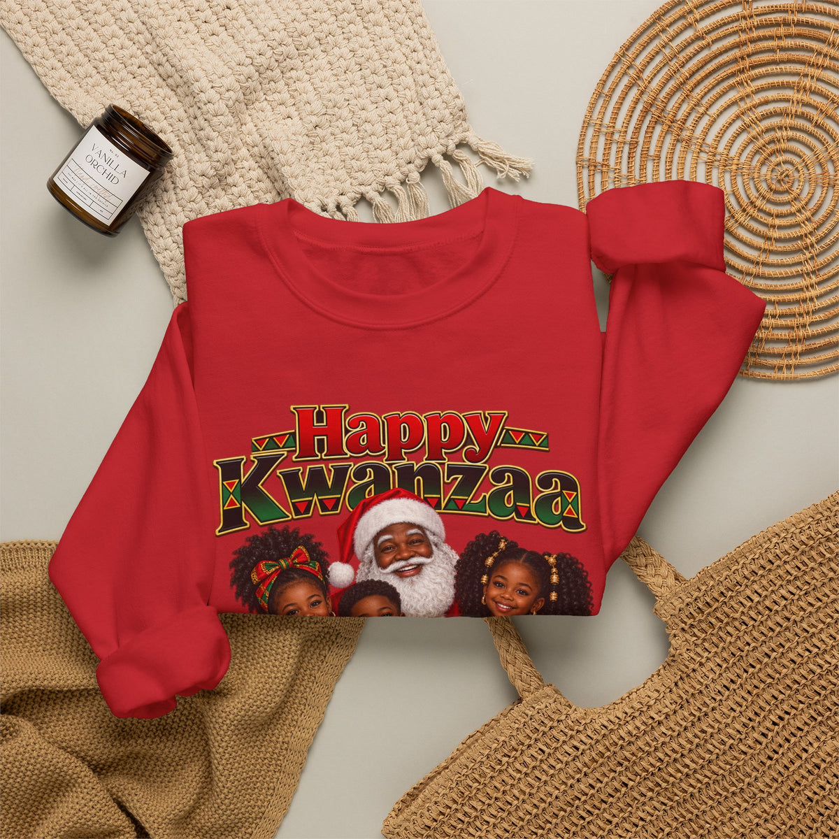 Kwanzaa Crewneck Sweatshirt — 'Happy Kwanzaa' Family Candle Celebration