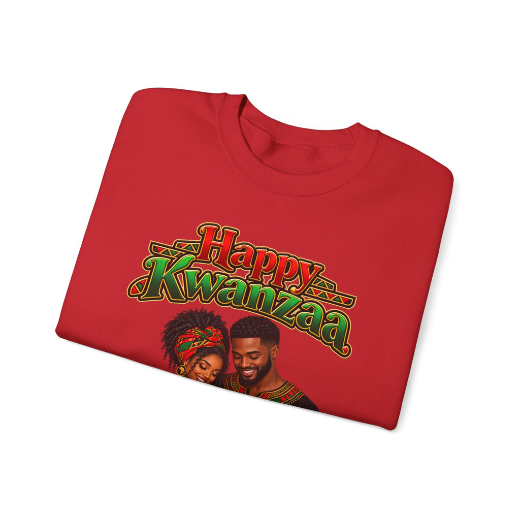 Kwanzaa Crewneck Sweatshirt — "Happy Kwanzaa" African Couple Celebration Design
