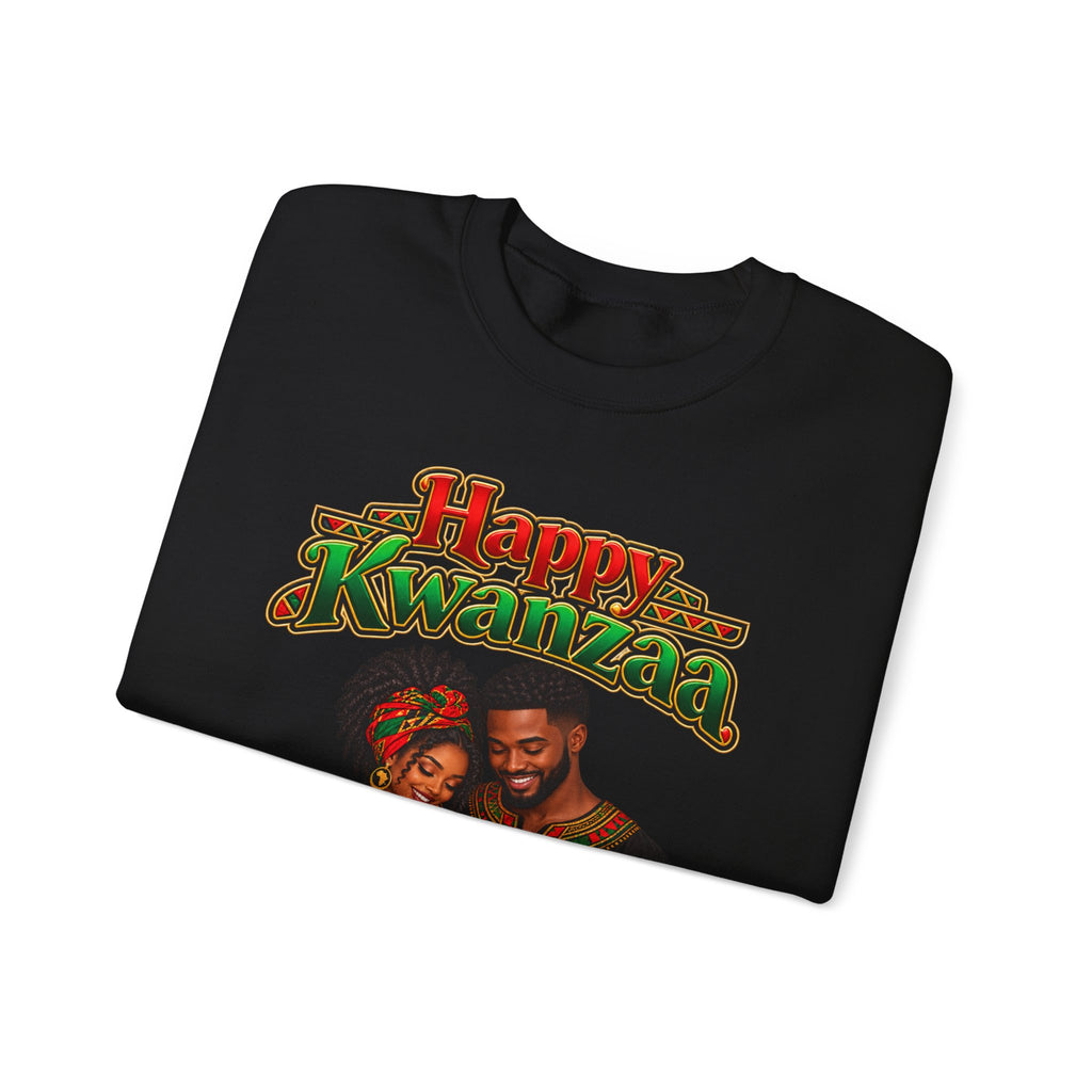 Kwanzaa Crewneck Sweatshirt — "Happy Kwanzaa" African Couple Celebration Design