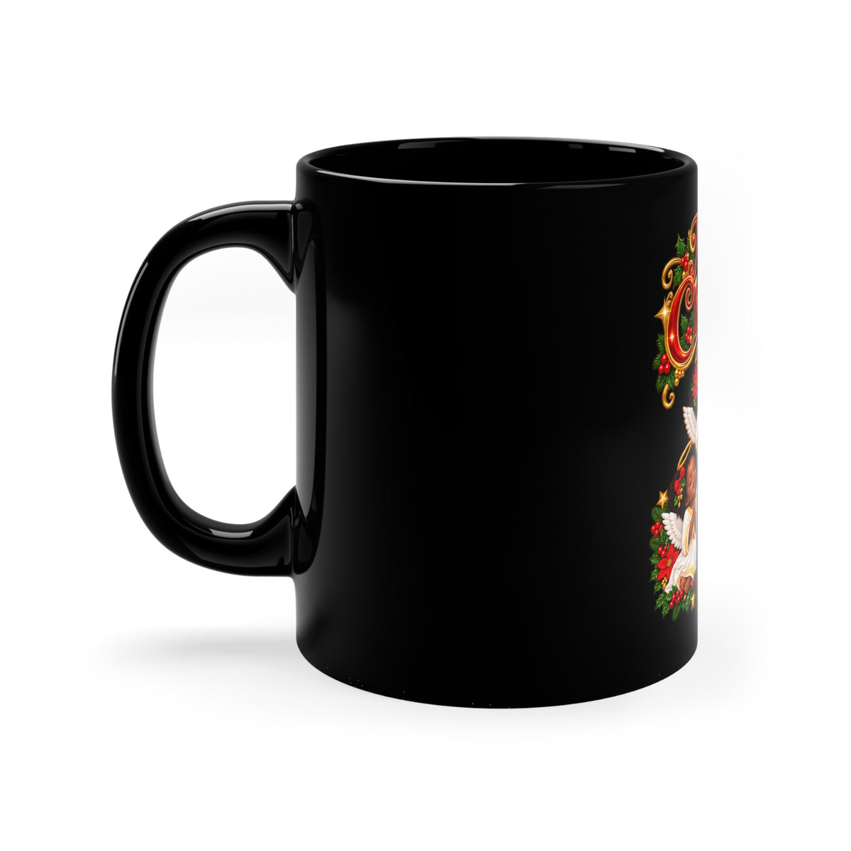 Merry Christmas Black Coffee Mug – Vintage Angel Choir Holiday Mug, 11oz