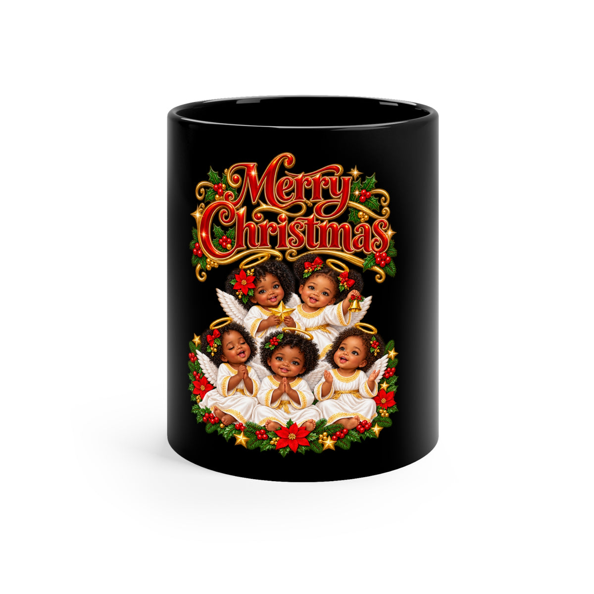 Merry Christmas Black Coffee Mug – Vintage Angel Choir Holiday Mug, 11oz