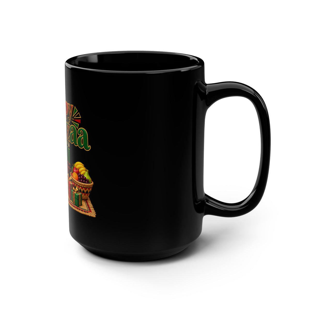 Kwanzaa Celebration Mug — 15oz Black Ceramic "Happy Kwanzaa" Design