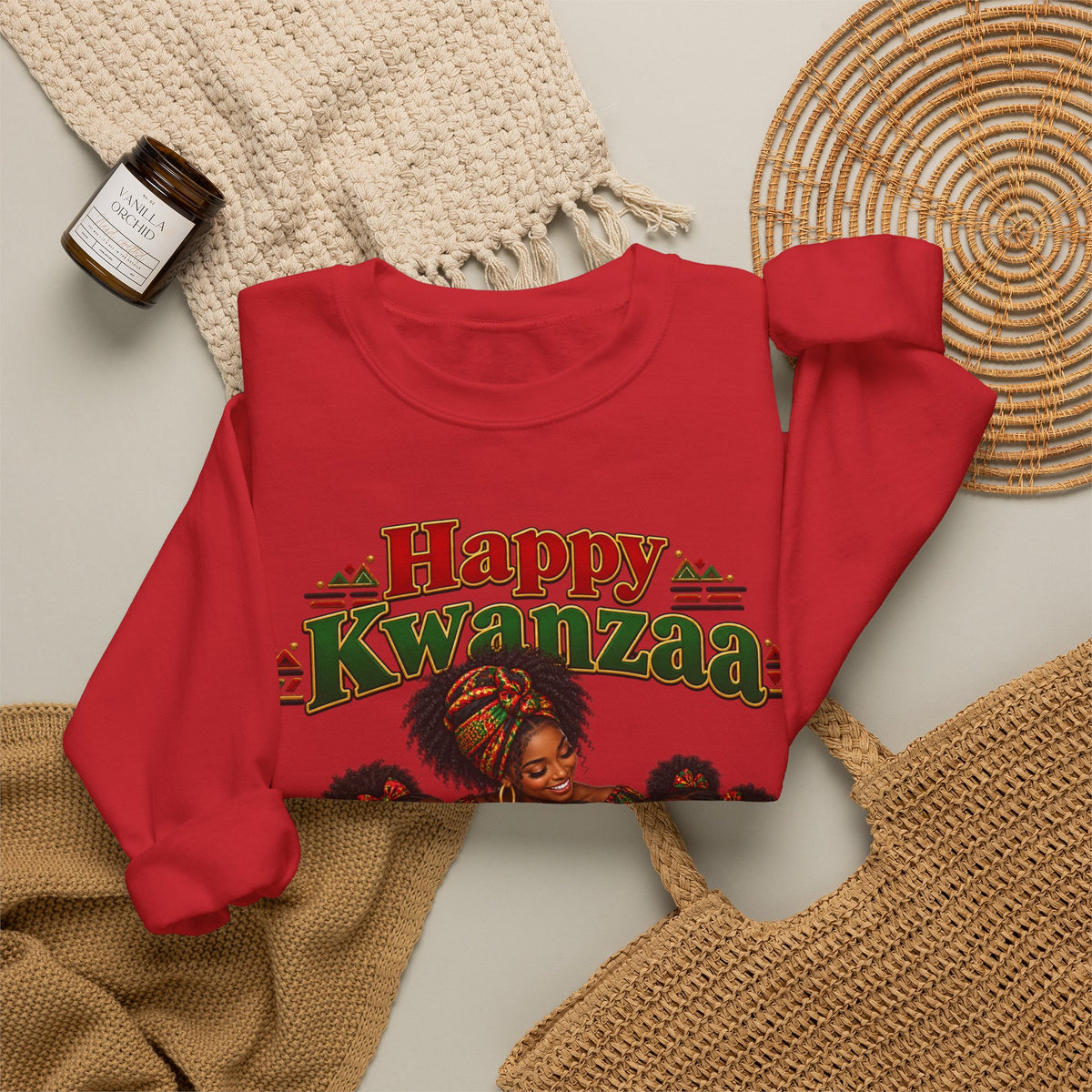 Kwanzaa Family Crewneck Sweatshirt — "Happy Kwanzaa" Celebration Design