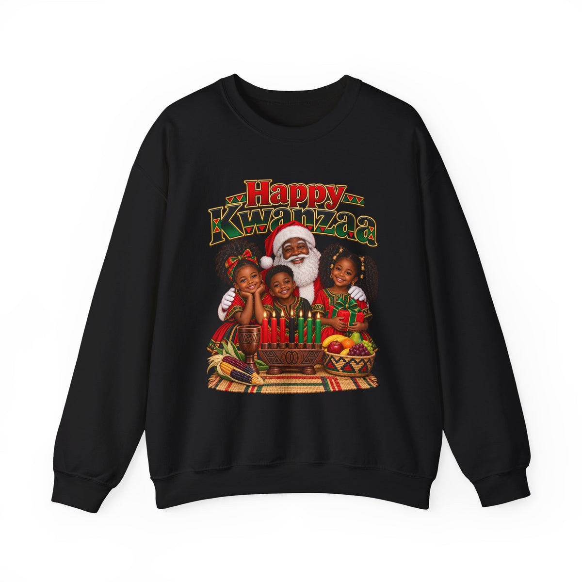 Kwanzaa Crewneck Sweatshirt — 'Happy Kwanzaa' Family Candle Celebration