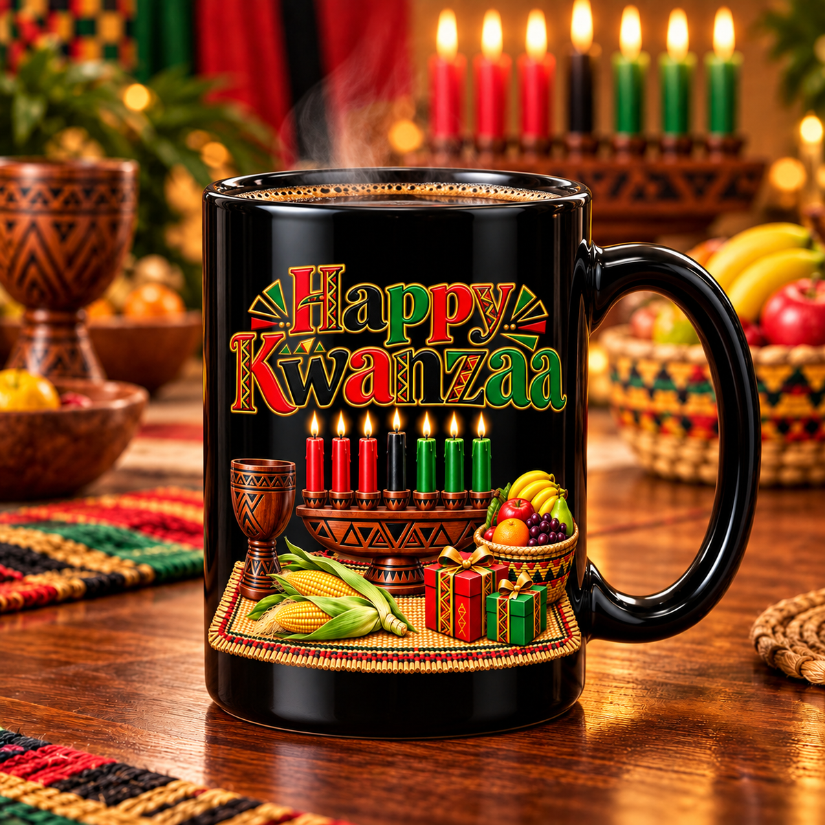 Kwanzaa Celebration Mug — 15oz Black Ceramic "Happy Kwanzaa" Design
