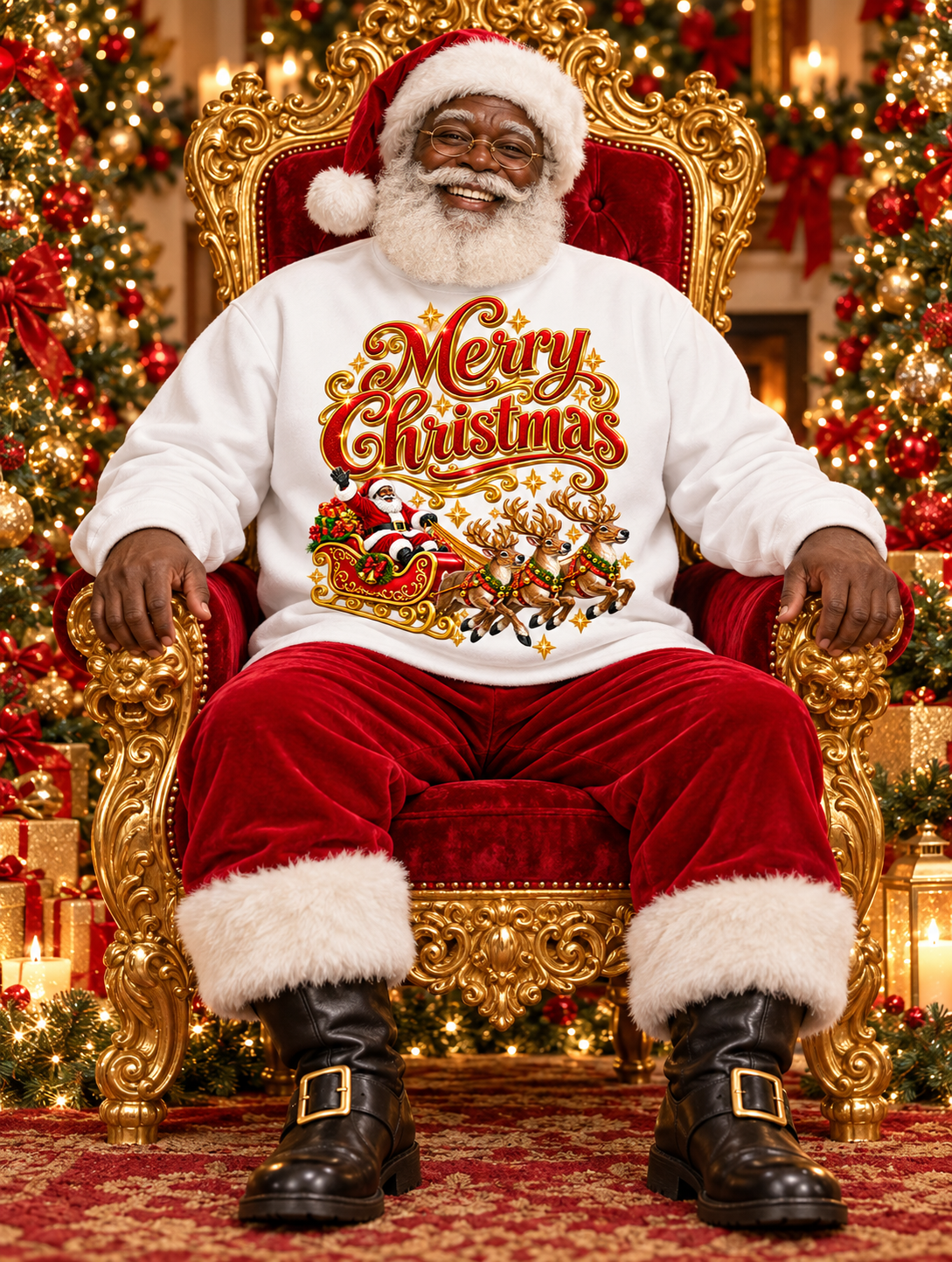 Christmas Sweatshirt — 'Merry Christmas' Santa Sleigh & Reindeer Holiday Crewneck