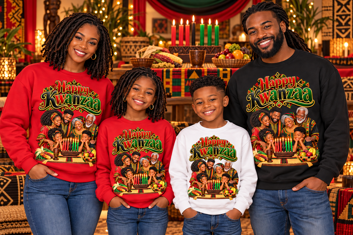 Kwanzaa Family Crewneck Sweatshirt – "Happy Kwanzaa" Holiday Pullover