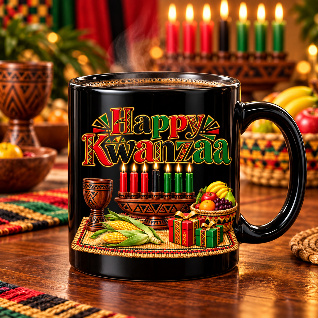 Kwanzaa Celebration Mug — 15oz Black Ceramic "Happy Kwanzaa" Design