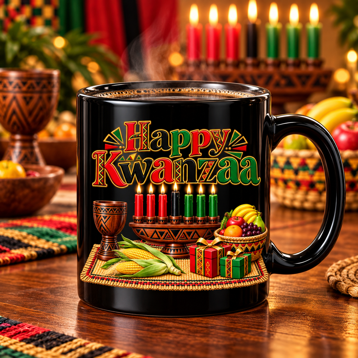Kwanzaa Celebration Mug — 15oz Black Ceramic "Happy Kwanzaa" Design