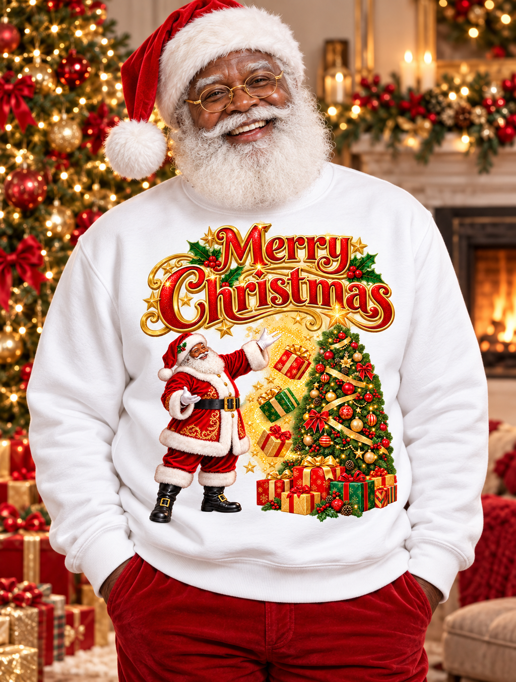 Christmas Crewneck Sweatshirt — 'Merry Christmas' Santa & Tree Holiday Sweater