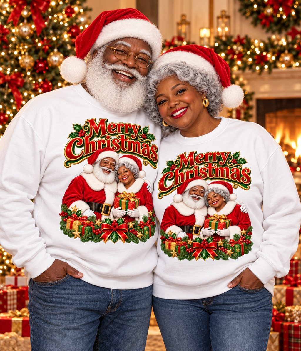 Christmas Sweatshirt - Merry Christmas Black Santa & Mrs. Claus Holiday Crewneck