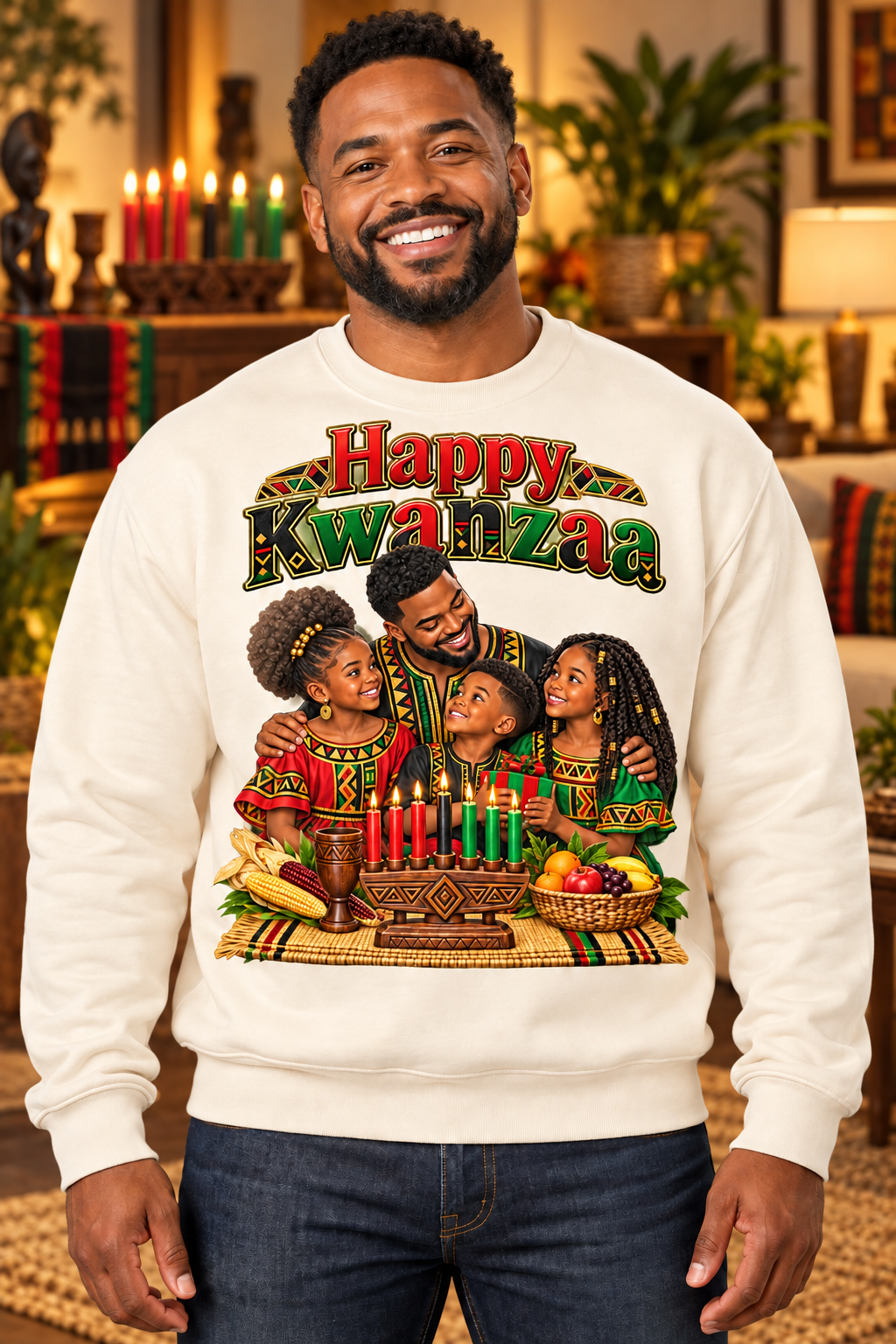 Kwanzaa Sweatshirt — "Happy Kwanzaa" Family Celebration Crewneck