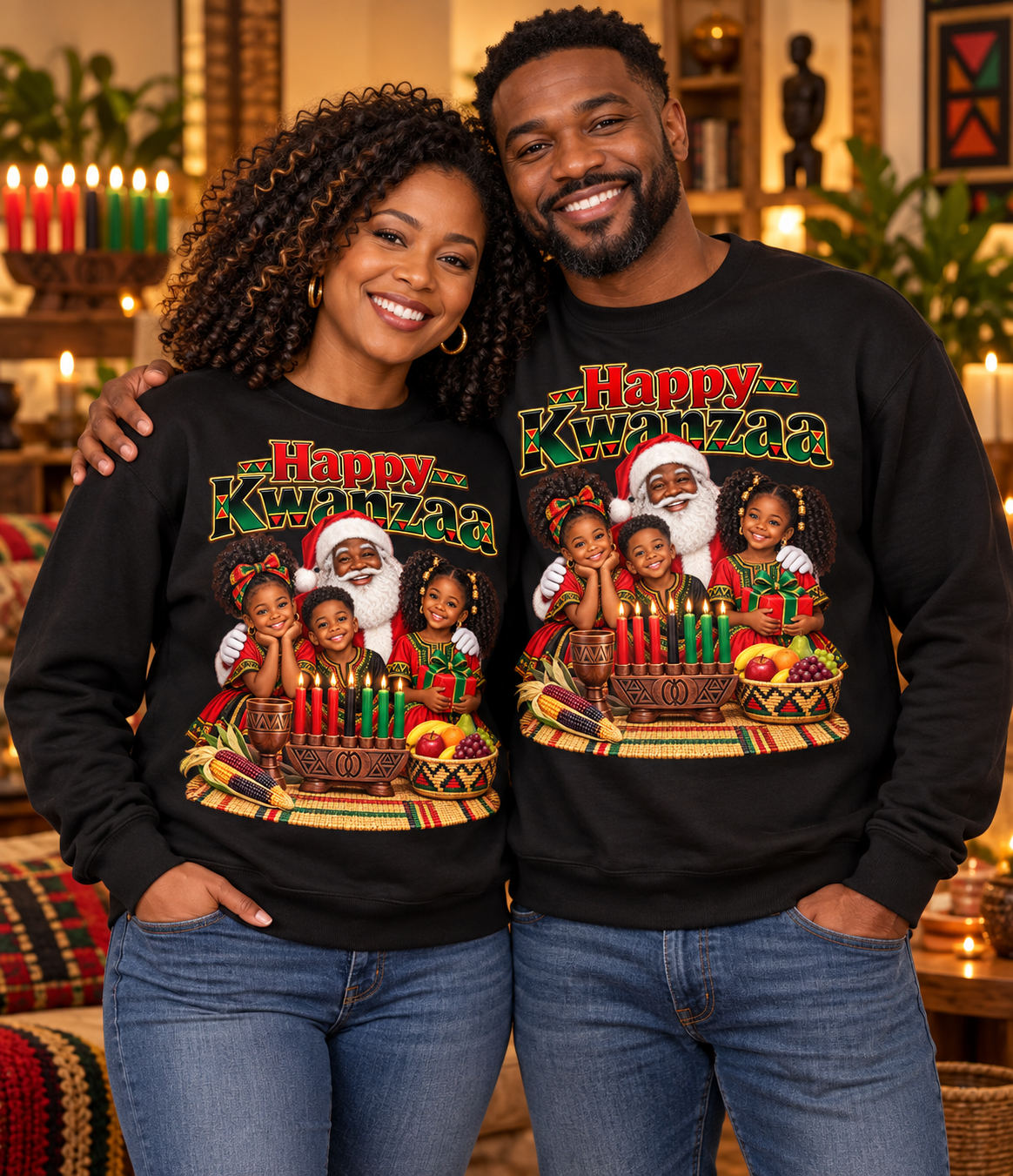 Kwanzaa Crewneck Sweatshirt — 'Happy Kwanzaa' Family Candle Celebration